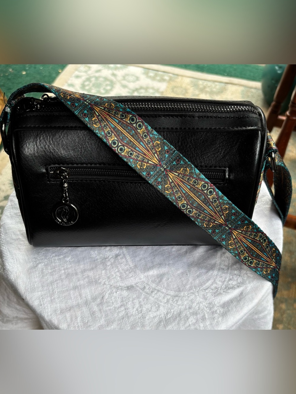 Black vegan Leather Crossbody Bag with Decorative Teal Strap